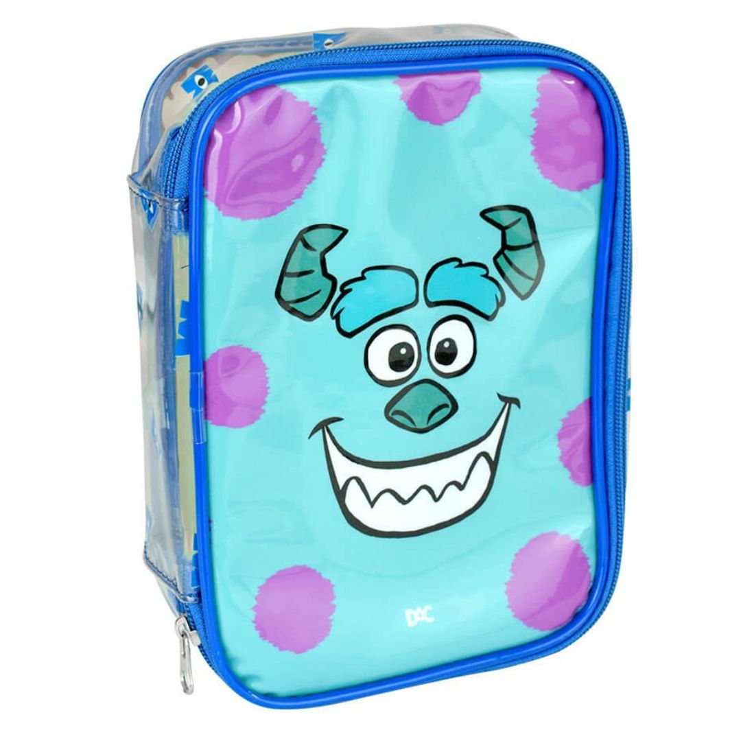 Estojo Báu Grande Monstros S.A Cristal Escolar Disney 100 Pens Zíper Necessaire Volta as Aulas