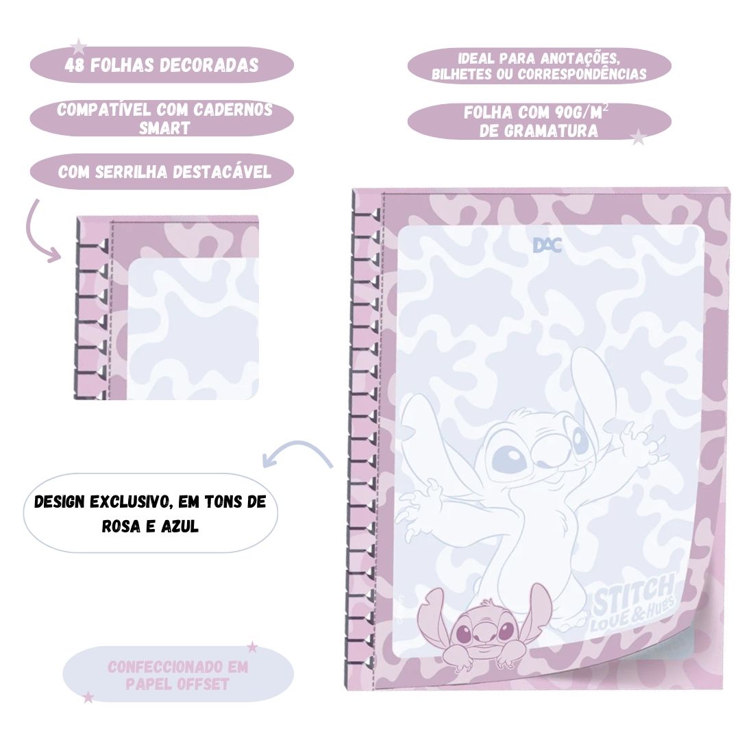 Bloco Carta Universitário Smart Stitch A4 48 Folhas Caderno Inteligente Escolar Disney Juvenil - Imagem 2