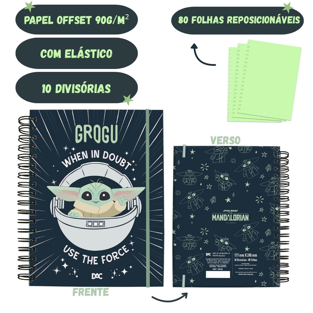 Caderno Smart Colegial Baby Yoda Star Wars A5 80 Folhas Elástico 10 Divisórias Escolar Volta Aulas - Imagem 2
