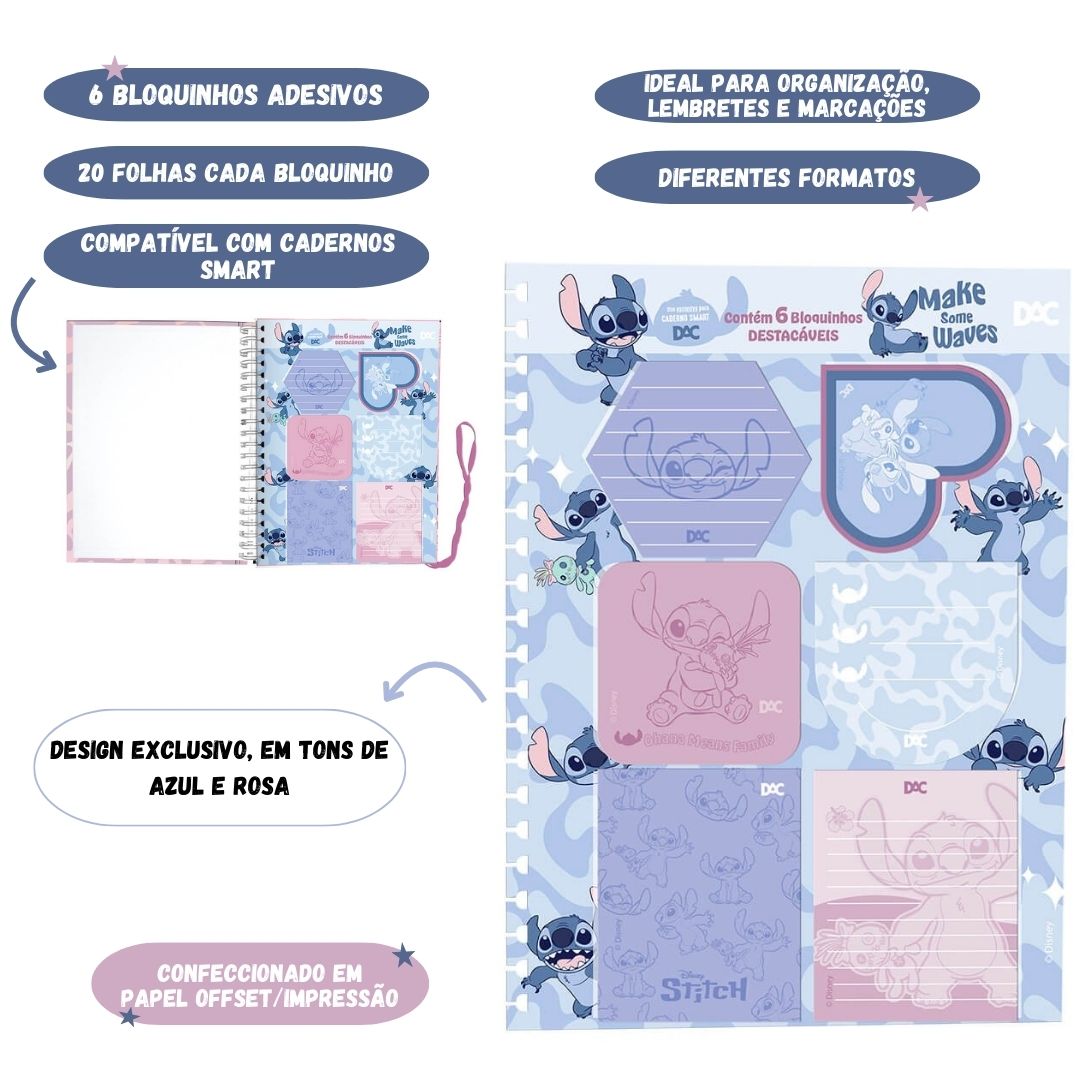 Bloco De Anotações Caderno Smart Stitch Escolar Disney A4 06 Blocos Organização Volta as Aulas - Imagem 2