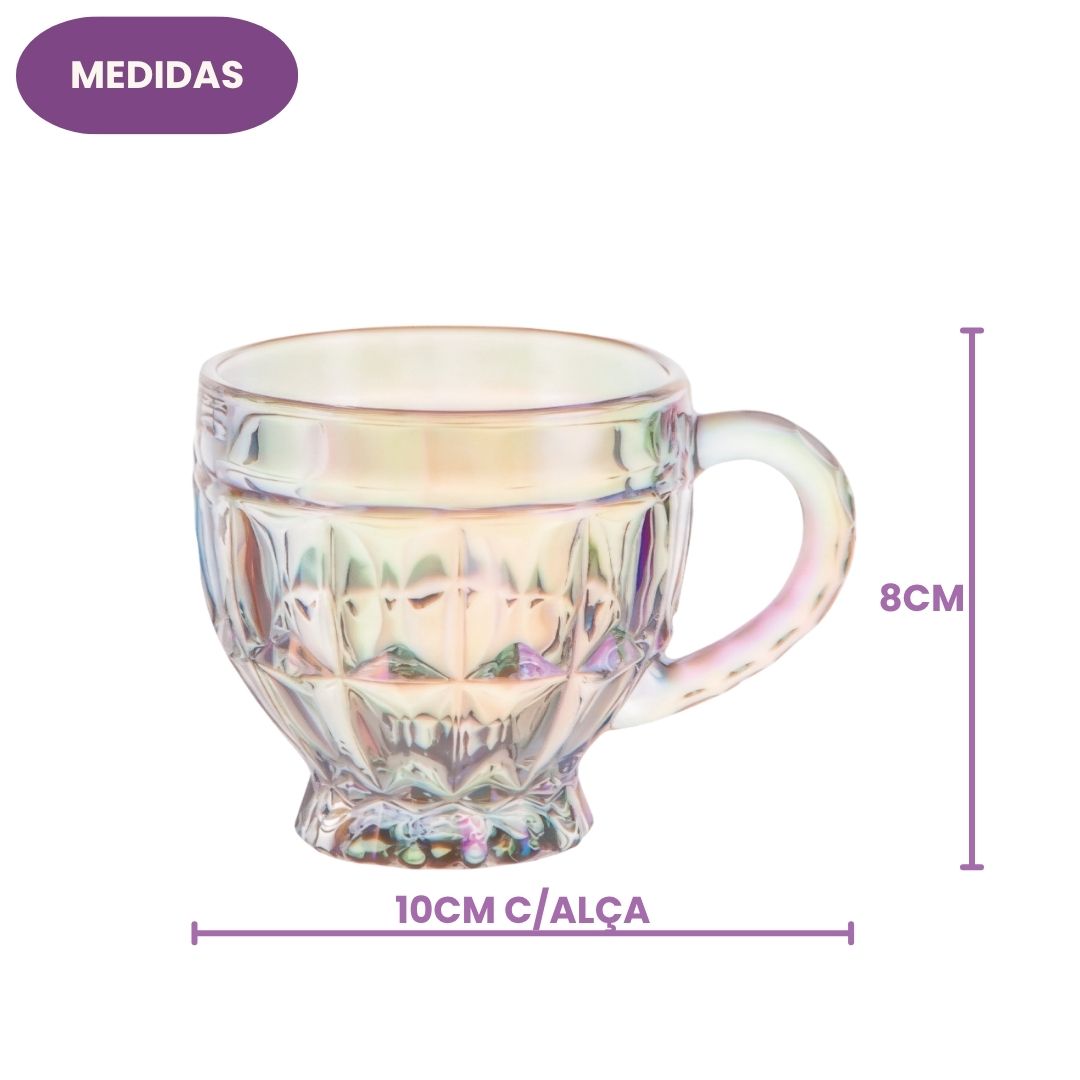 Jogo de Xícaras Riviera Rainbow 220ml 6 Peças Vidro Alça Mesa Posta Café da Manhã Elegante Presente Luxo Cozinha - Imagem 4