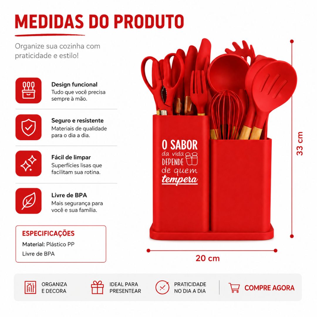 Kit de Utensílios Montana Vermelho 19 Peças Suporte Cozinha Silicone Completo Moderno Resistente Culinária - Imagem 5