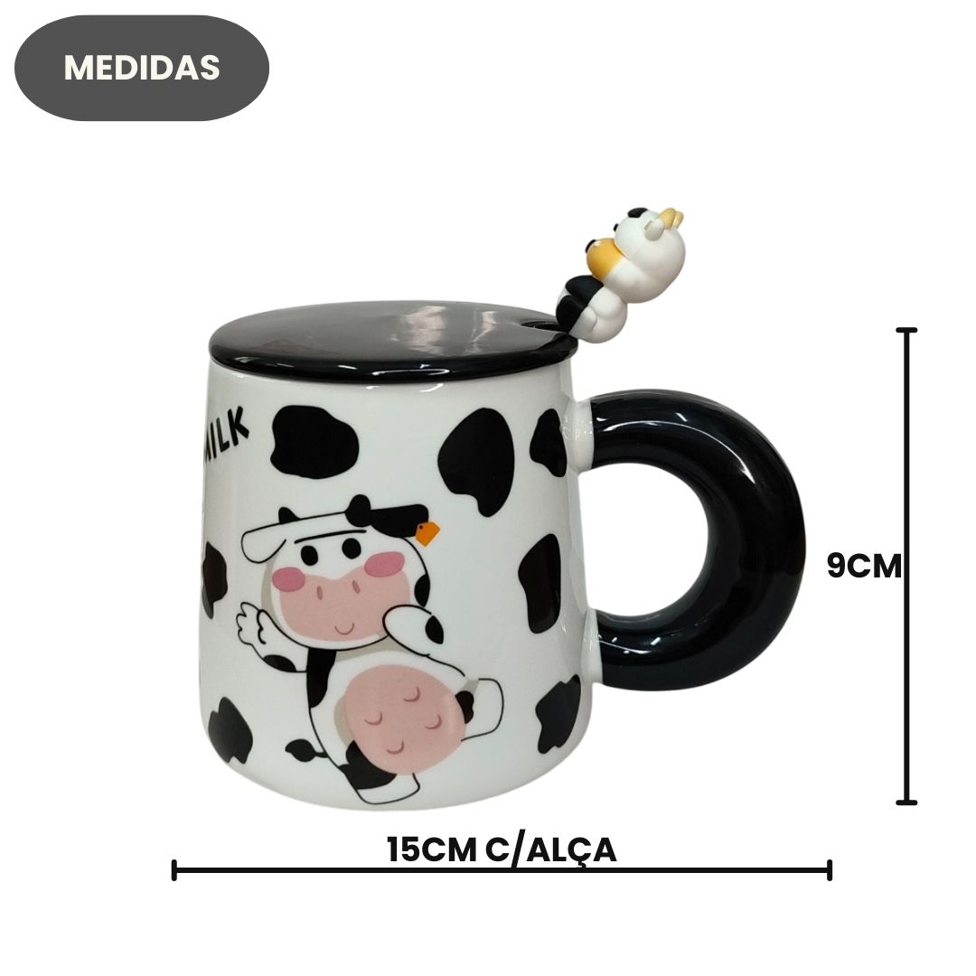 Caneca De Cerâmica Com Tampa e Colher Vaquinha Fofa 350ml Chá Café Presente Lindo Criativo Amigos Família Lila Home - Imagem 4