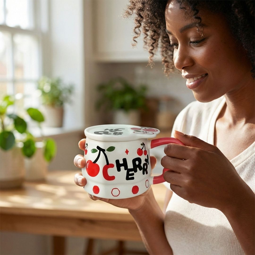 Caneca de Cerâmica Frutas Com Tampa 350ml Café Chá Leite Criativa Bonita Moderna Presente Amigos Família - Imagem 5