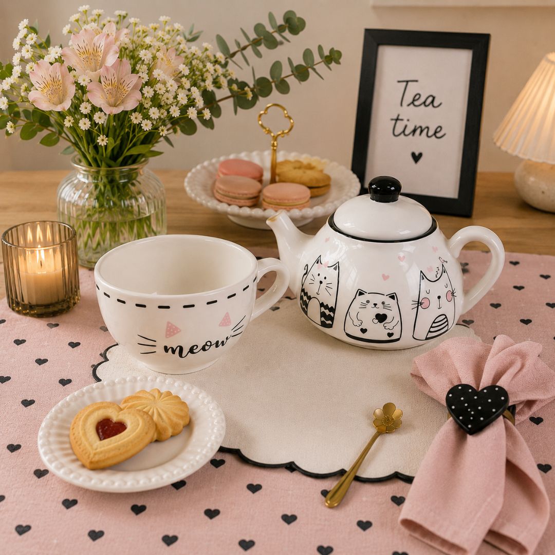 Bule de Cerâmica 440ml com Caneca Meow 300ml Gatinhos Cute Cat Chá Café Mãe Amiga Branco Presente Delicado Elegante - Imagem 4