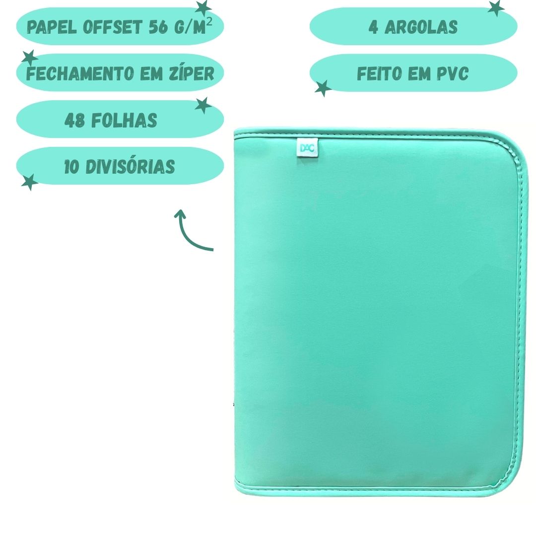 Caderno Argolado Fichário Universitário A4 Breeze Verde Zíper DAC Escolar Volta Aulas Juvenil Menina - Imagem 2