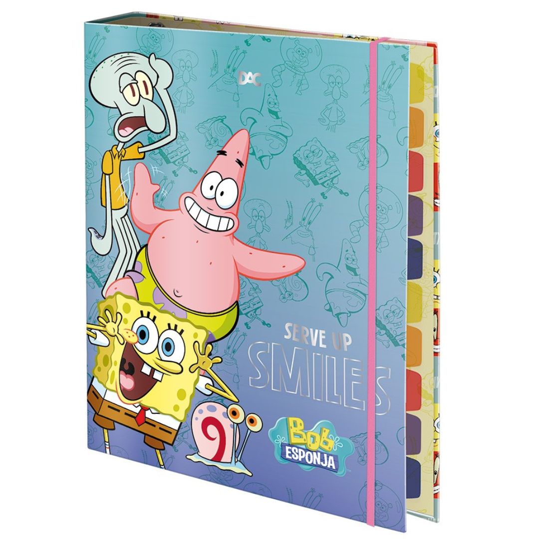 Caderno Fichário Argolado Bob Esponja A4 48 Folhas Elástico Escolar Volta Aulas Nickelodeon - Imagem 2