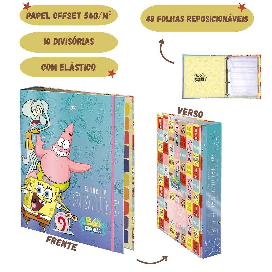 Caderno Fichário Argolado Bob Esponja A4 48 Folhas Elástico Escolar Volta Aulas Nickelodeon