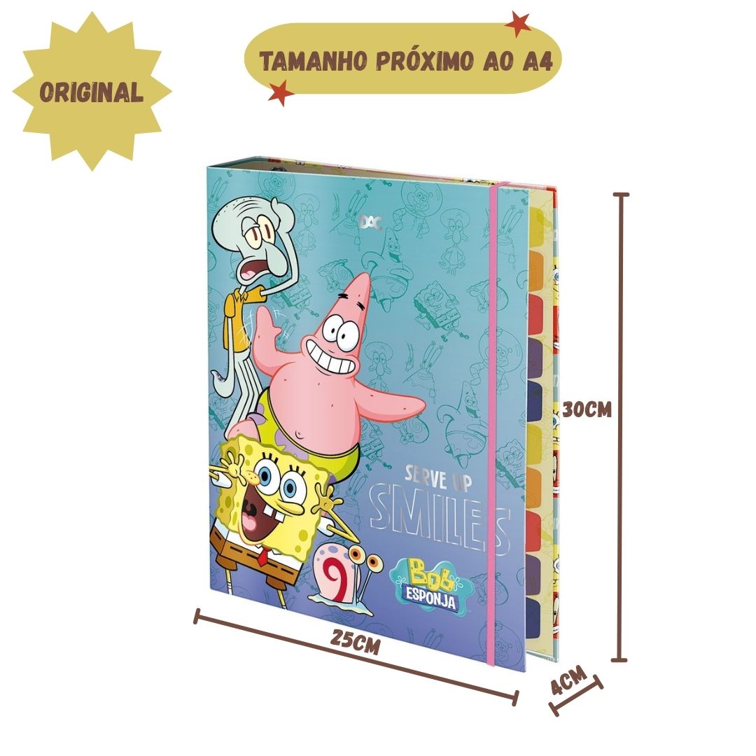 Caderno Fichário Argolado Bob Esponja A4 48 Folhas Elástico Escolar Volta Aulas Nickelodeon - Imagem 3