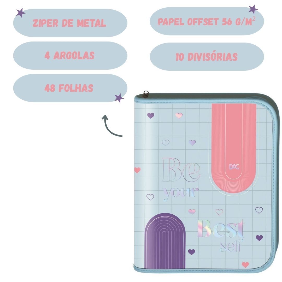 Caderno Argolado Fichário Universitário A4 POP DAC Zíper Volta às Aulas 48 Folhas Menina Escolar - Imagem 2