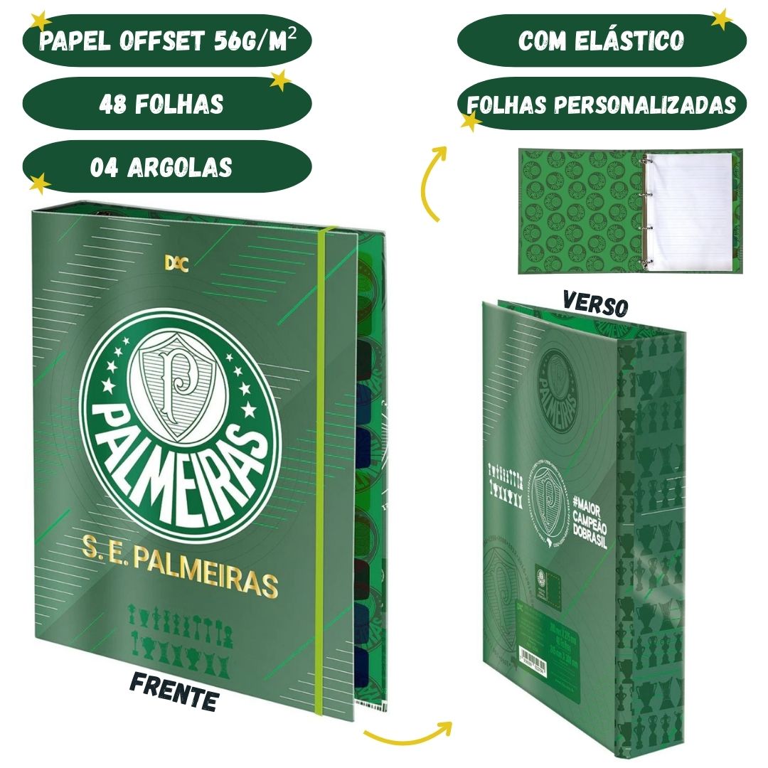 Caderno Argolado Fichário Universitário A4 Time Palmeiras DAC Escolar Volta às Aulas 48 Folhas - Imagem 2