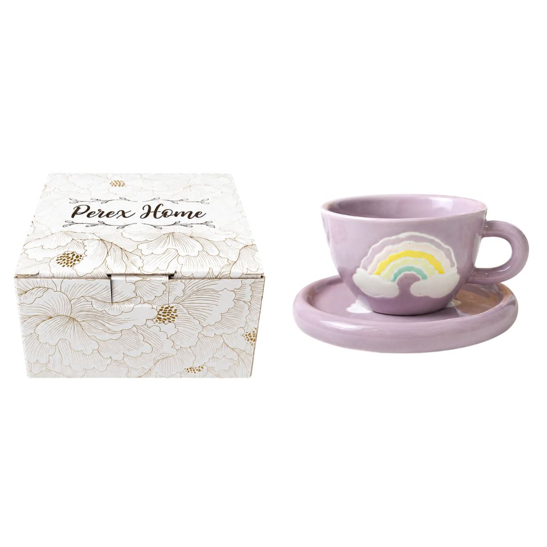 Xícara de Cerâmica C/Pires 250 ml Arco Iris Lilás Amarela Café Chá Leite Presente Elegante Delicada Resistente Design Ex - Imagem 3