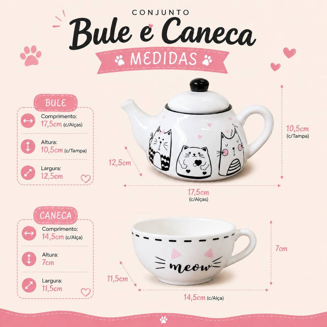 Bule de Cerâmica 440ml com Caneca Meow 300ml Gatinhos Cute Cat Chá Café Mãe Amiga Branco Presente Delicado Elegante - Imagem 5