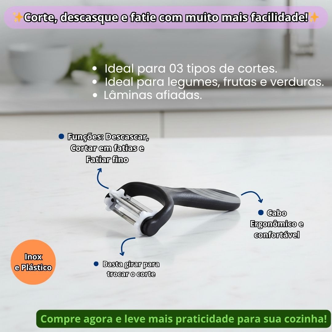 Descascador Multiuso 3 Em 1 Legumes Cortar Fatiar Resistente Lâmina Inox Utensílio Cozinha Cabo Ergonômico - Imagem 2