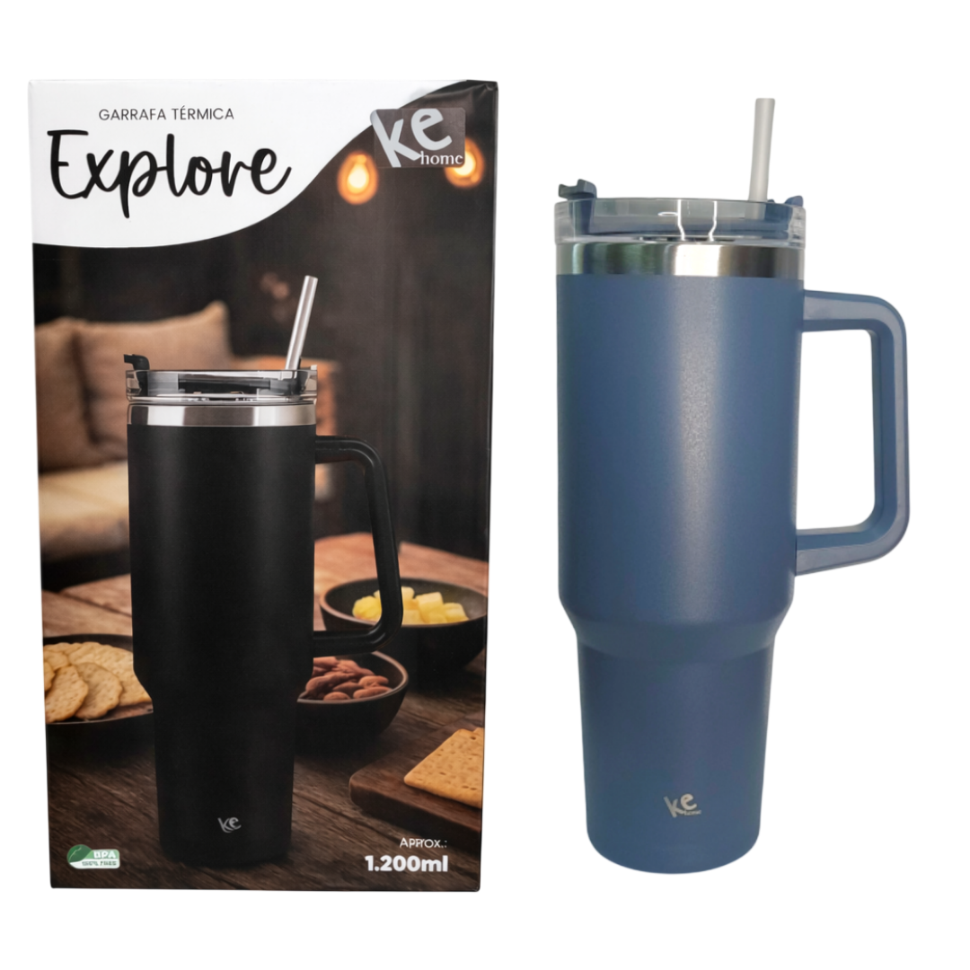 Copo Térmico 1200ml Com Canudo Tampa Alça Aço Inox Resistente Garrafa Estilosa Prática Preto Verde Azul Rosa Branco Pres - Imagem 3