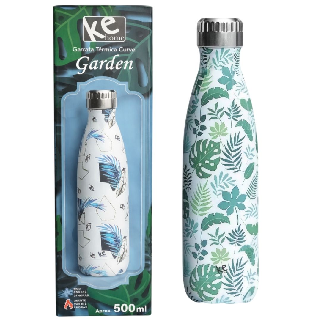 Garrafa Térmica Curve Garden 500ml Aço Inox Resistente Estilosa Prática Plantas Flores Azul Estampada Presente Academia - Imagem 3