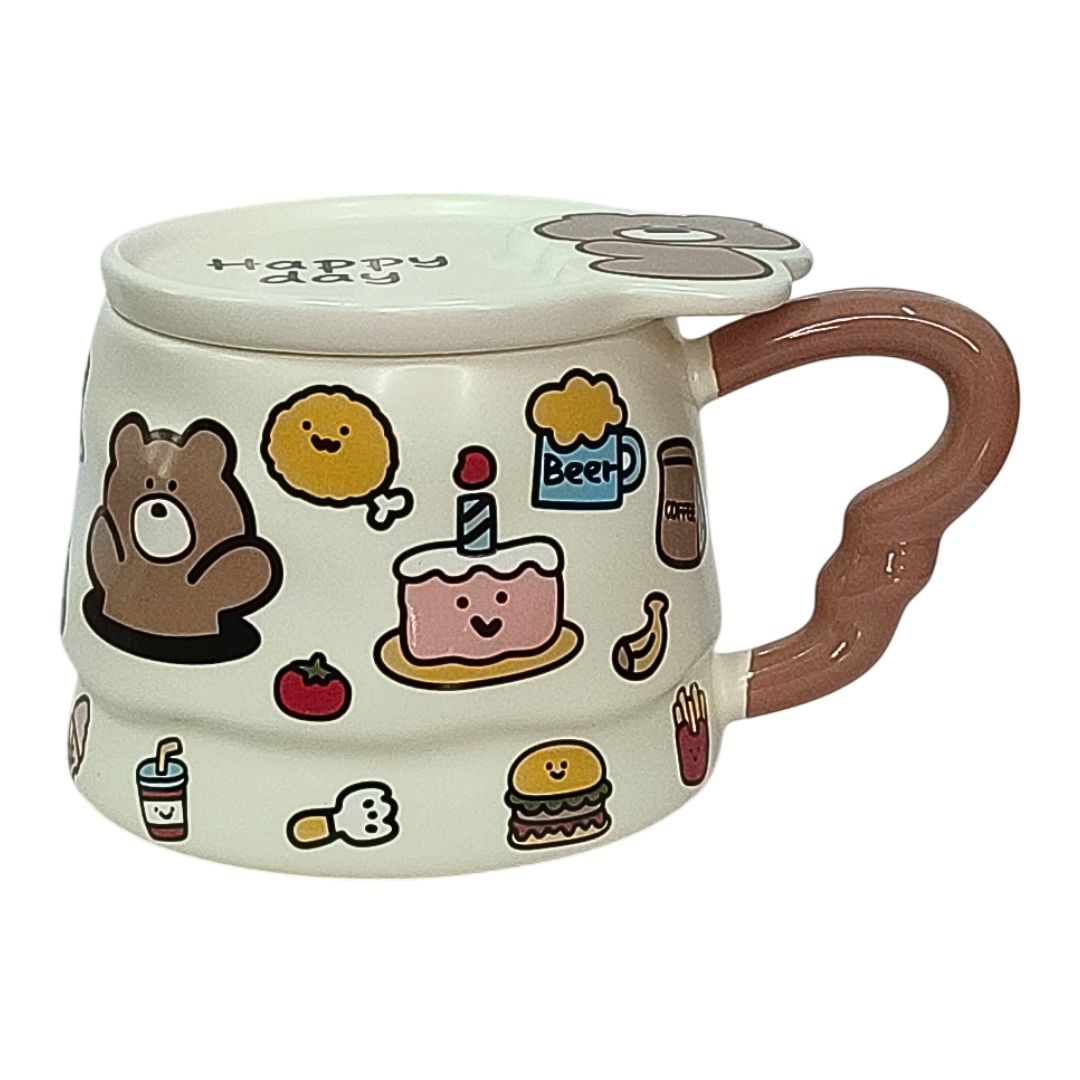 Caneca De Cerâmica Com Tampa Animais Fofos 350ml Café Chá Bonita Criativa Design Moderno Presente Família Amigos - Imagem 3