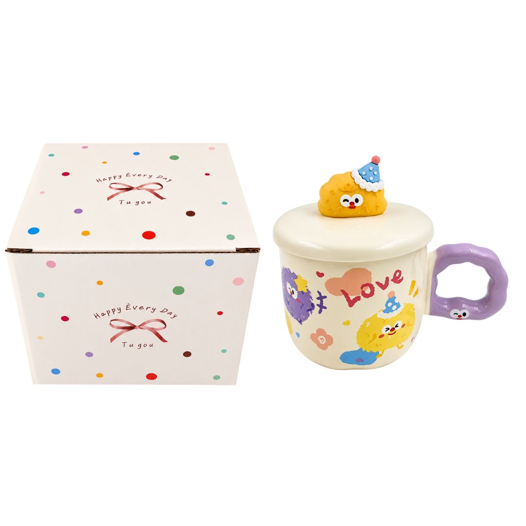 Caneca de Cerâmica com Tampa Happy 350ml Café Colorida Exclusiva Presente Divertida Amiga Mãe - Imagem 4