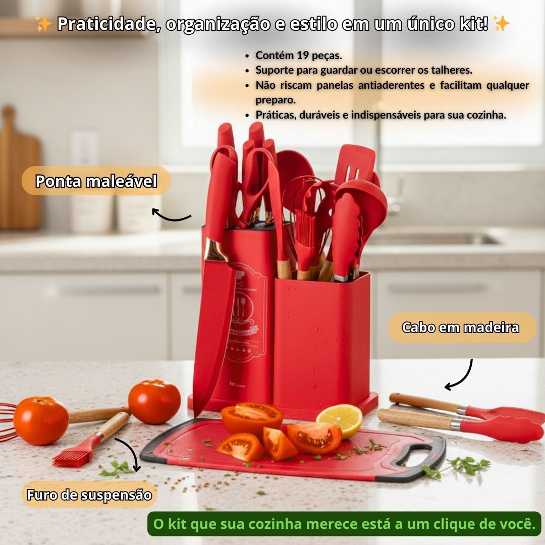 Kit Utensílios Cozinha 19 Peças Ke Home Silicone Vermelho Cozinheiro Chef Jantar Moderno Funcional Suporte Presente - Imagem 2