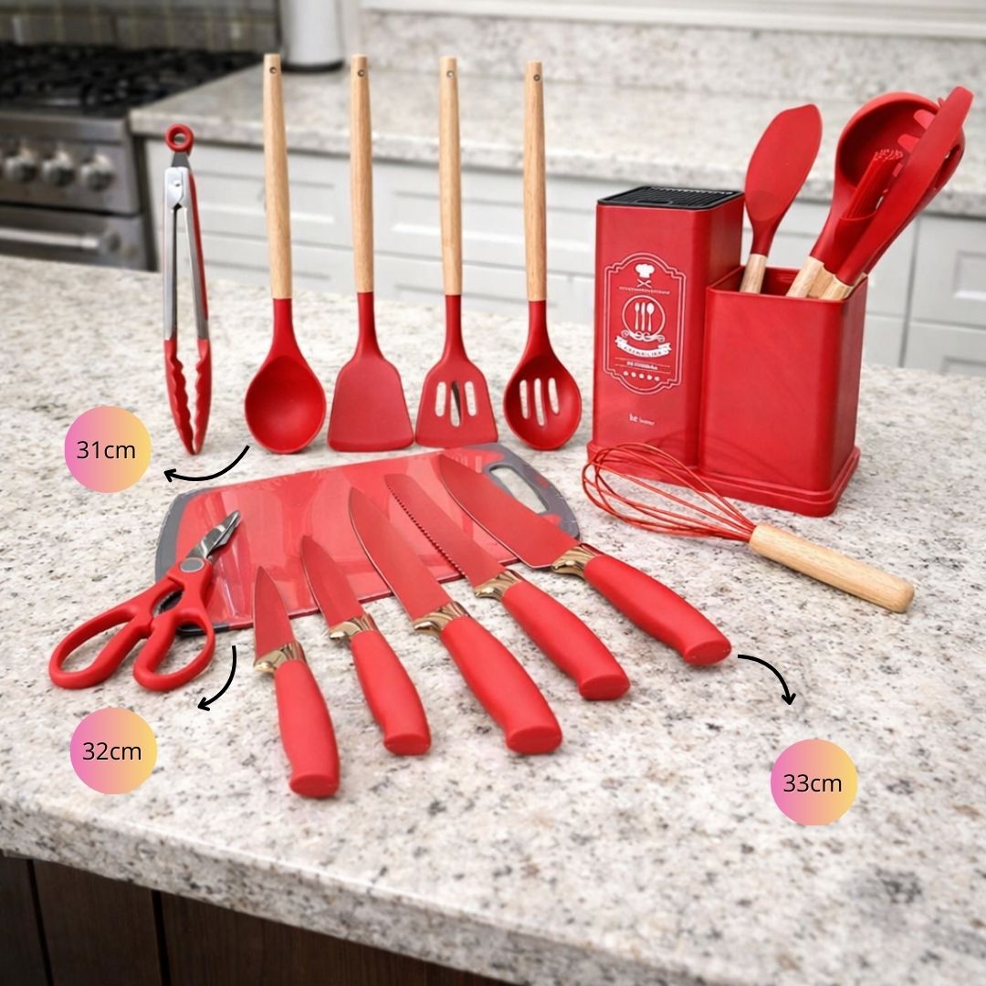 Kit Utensílios Cozinha 19 Peças Ke Home Silicone Vermelho Cozinheiro Chef Jantar Moderno Funcional Suporte Presente - Imagem 3