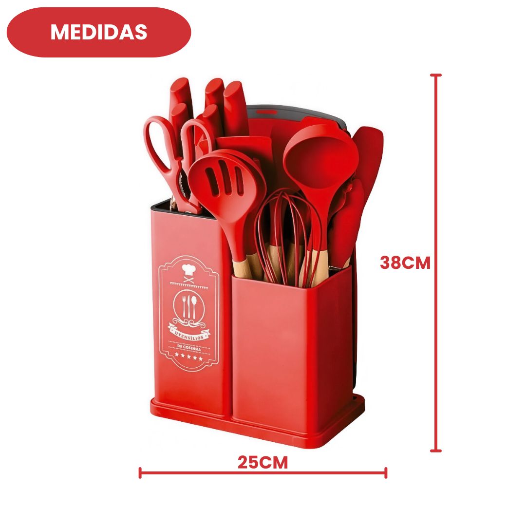 Kit Utensílios Cozinha 19 Peças Ke Home Silicone Vermelho Cozinheiro Chef Jantar Moderno Funcional Suporte Presente - Imagem 4