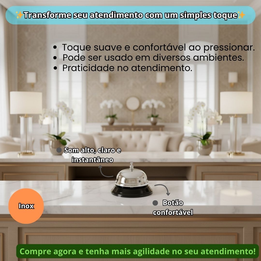 Campainha Sino Para Balcão Inox Atendimento Recepção Caixa Recepcionista Hotel Clínica Pousada Serviço Loja Restaurante - Imagem 2