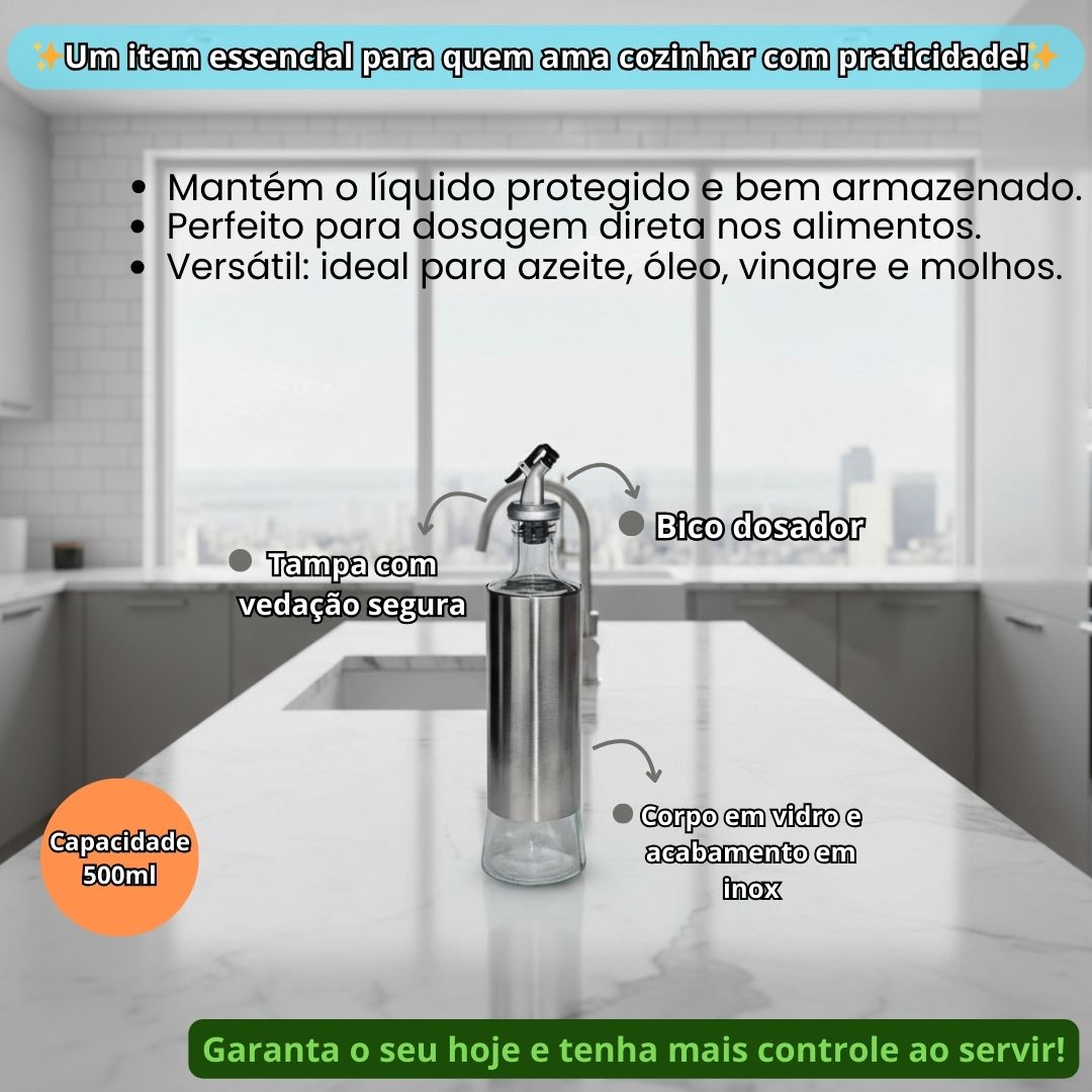 Dispenser Galheteiro Bico Dosador 500ml Vidro Inox Azeite Vinagre Salada Cozinha Utensílio Recipiente - Imagem 2