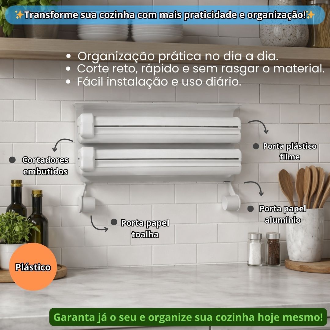 Suporte de Parede Triplo 3 em 1 Papel Toalha Filme Pvc Papel Alumínio Cortador Cozinha Utensílio Organizador Compacto - Imagem 2