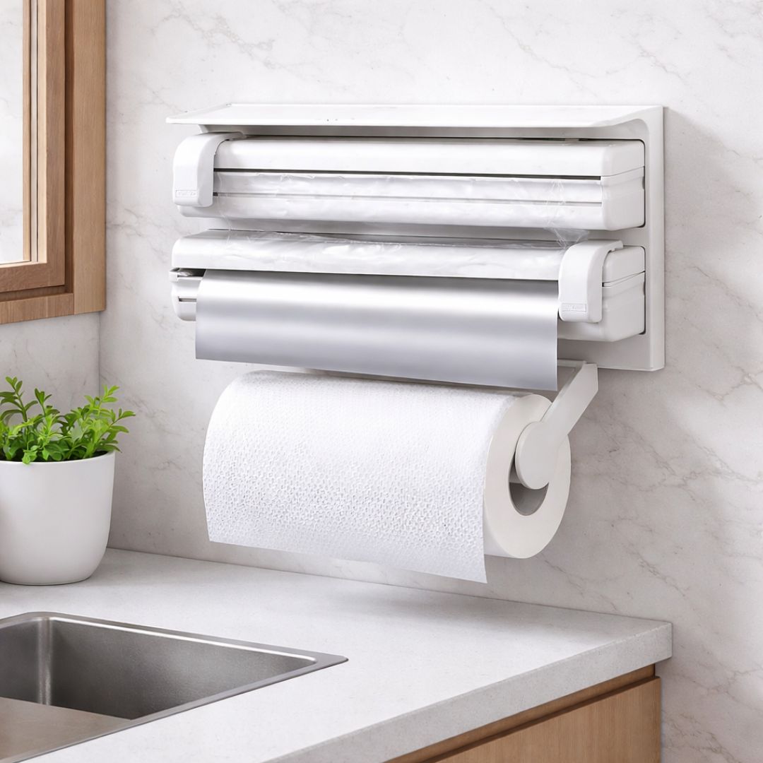 Suporte de Parede Triplo 3 em 1 Papel Toalha Filme Pvc Papel Alumínio Cortador Cozinha Utensílio Organizador Compacto - Imagem 3