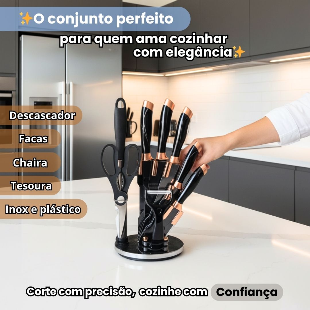 Faqueiro Black Marble 9 Peças Suporte Jogo de Facas Premium Cozinha Utensílios Organizador Elegante Luxo - Imagem 2