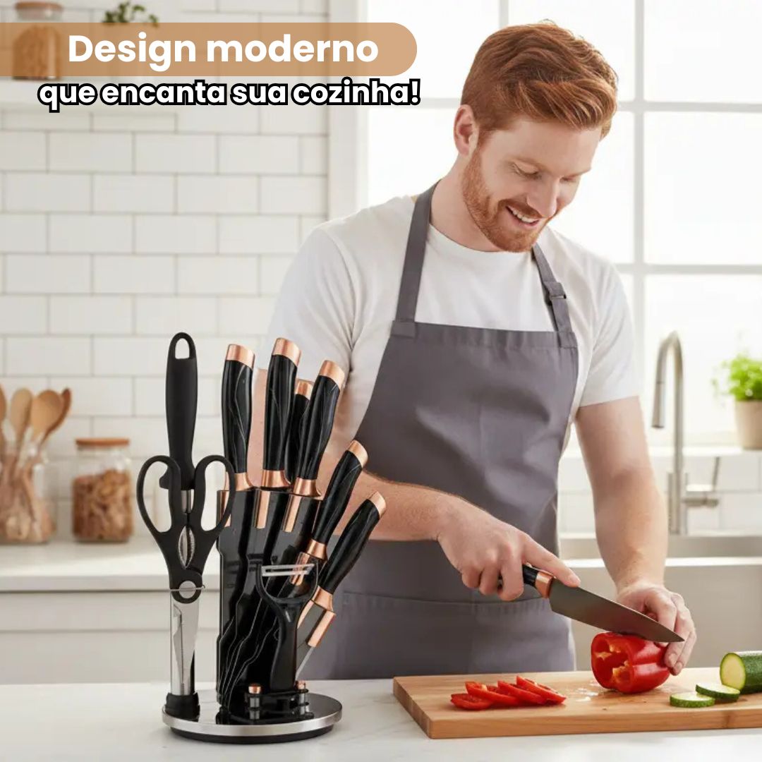 Faqueiro Black Marble 9 Peças Suporte Jogo de Facas Premium Cozinha Utensílios Organizador Elegante Luxo - Imagem 3