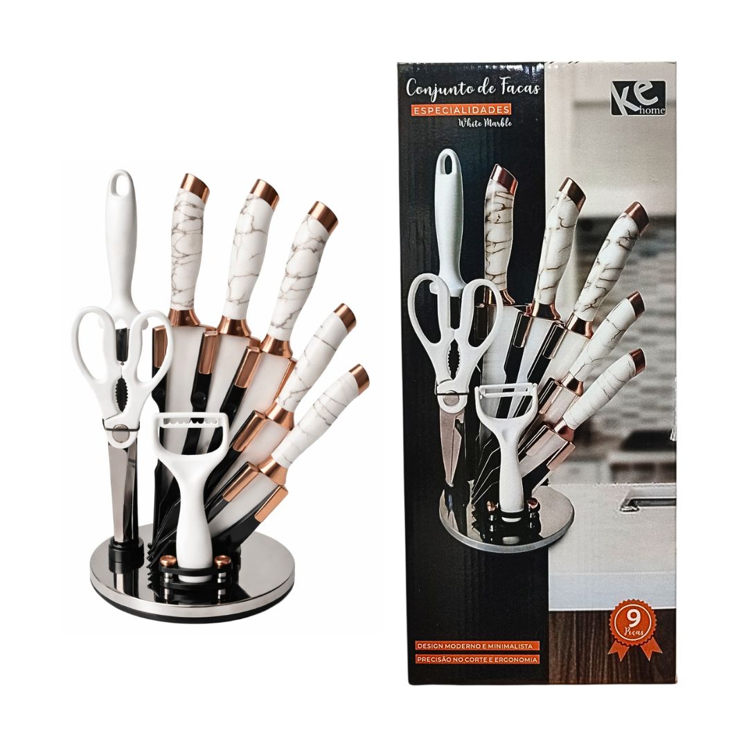 Faqueiro White Marble 9 Peças Suporte Jogo de Facas Premium Cozinha Utensílios Organizador Elegante Luxo