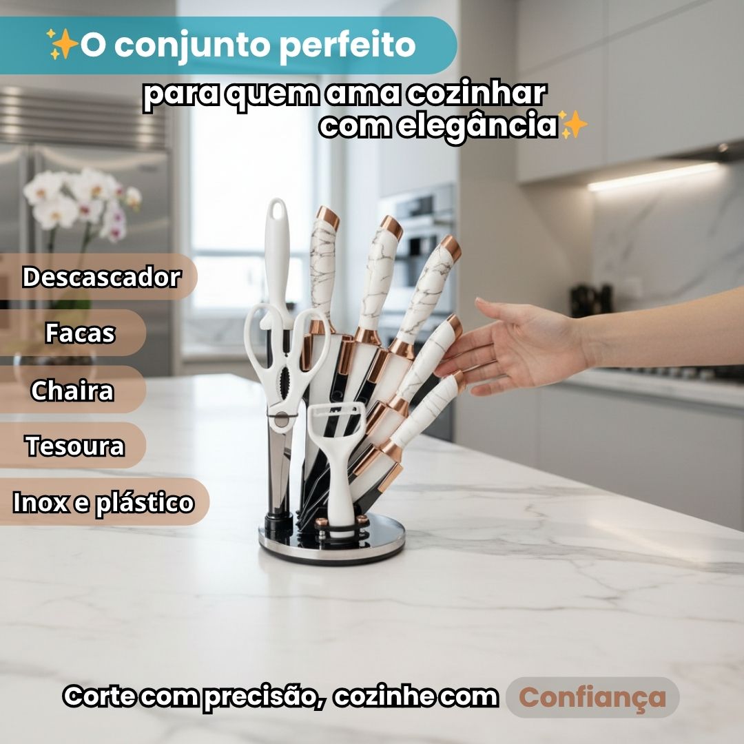 Faqueiro White Marble 9 Peças Suporte Jogo de Facas Premium Cozinha Utensílios Organizador Elegante Luxo - Imagem 2