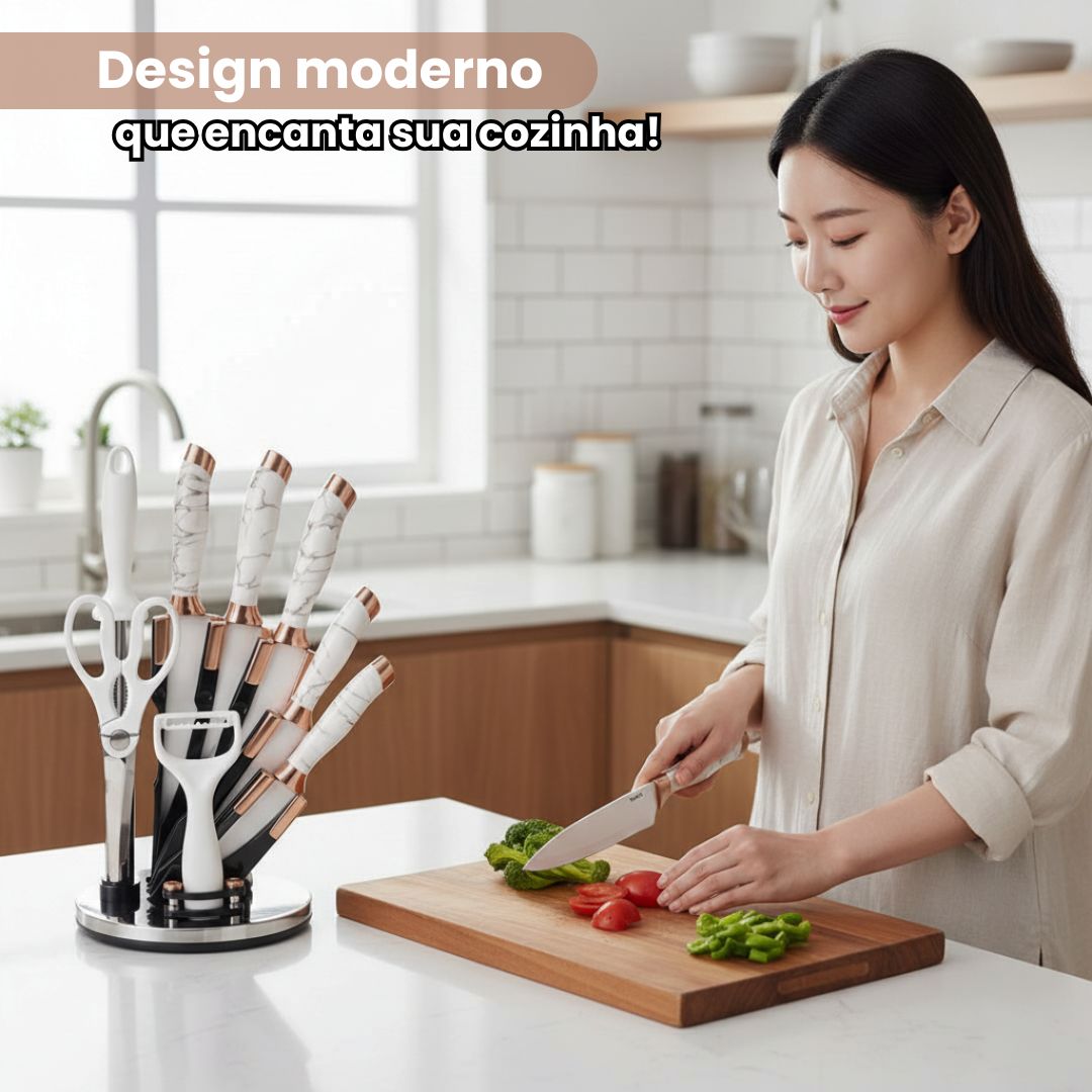 Faqueiro White Marble 9 Peças Suporte Jogo de Facas Premium Cozinha Utensílios Organizador Elegante Luxo - Imagem 3