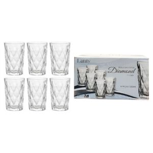 Jogo de Copos Diamond 350ml Clear 6 Peças Relevo Vidro Mesa Posta Cozinha Elegante Luxo Água Suco Bebidas Resistentes