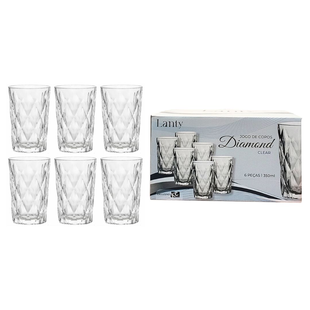 Jogo de Copos Diamond 350ml Clear 6 Peças Relevo Vidro Mesa Posta Cozinha Elegante Luxo Água Suco Bebidas Resistentes