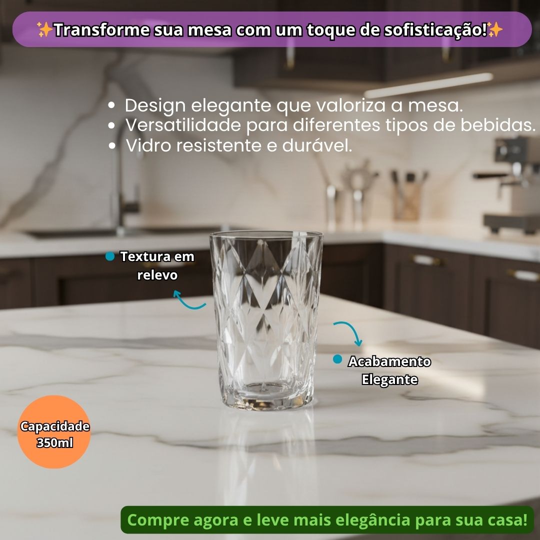 Jogo de Copos Diamond 350ml Clear 6 Peças Relevo Vidro Mesa Posta Cozinha Elegante Luxo Água Suco Bebidas Resistentes - Imagem 2