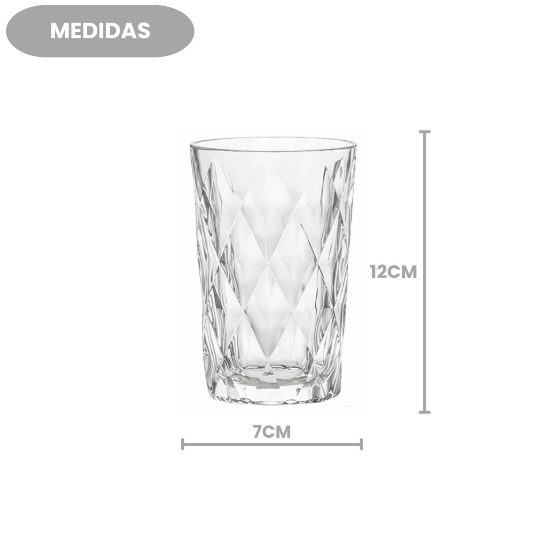Jogo de Copos Diamond 350ml Clear 6 Peças Relevo Vidro Mesa Posta Cozinha Elegante Luxo Água Suco Bebidas Resistentes - Imagem 4
