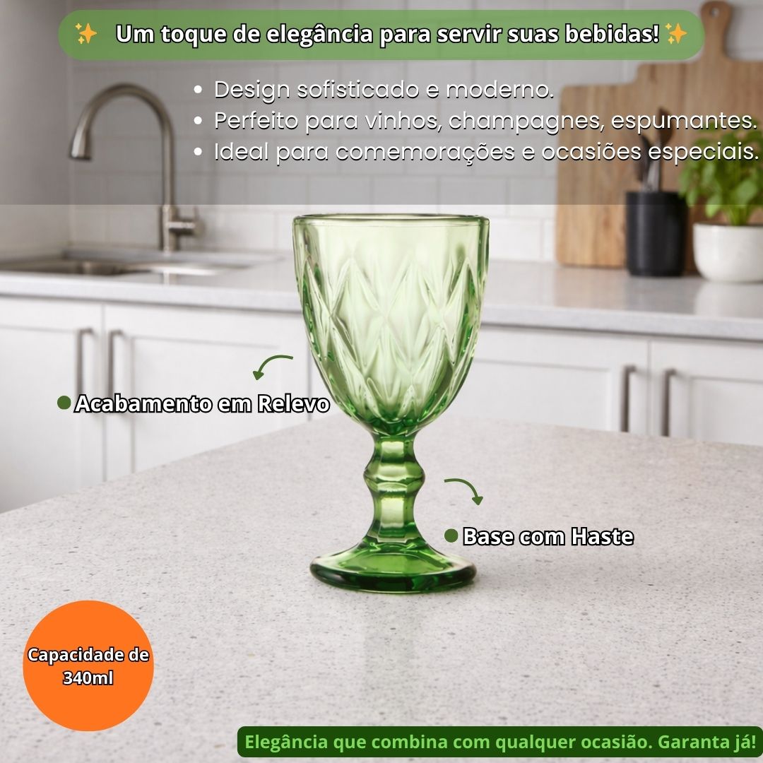 Jogo de Taças Diamond Esmeralda 6 Peças 340ml Mesa Posta Vidro Elegante Vinho Água Suco Bebidas Resistentes Drinks Luxo - Imagem 2