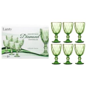 Jogo de Taças Diamond Esmeralda 6 Peças 340ml Mesa Posta Vidro Elegante Vinho Água Suco Bebidas Resistentes Drinks Luxo