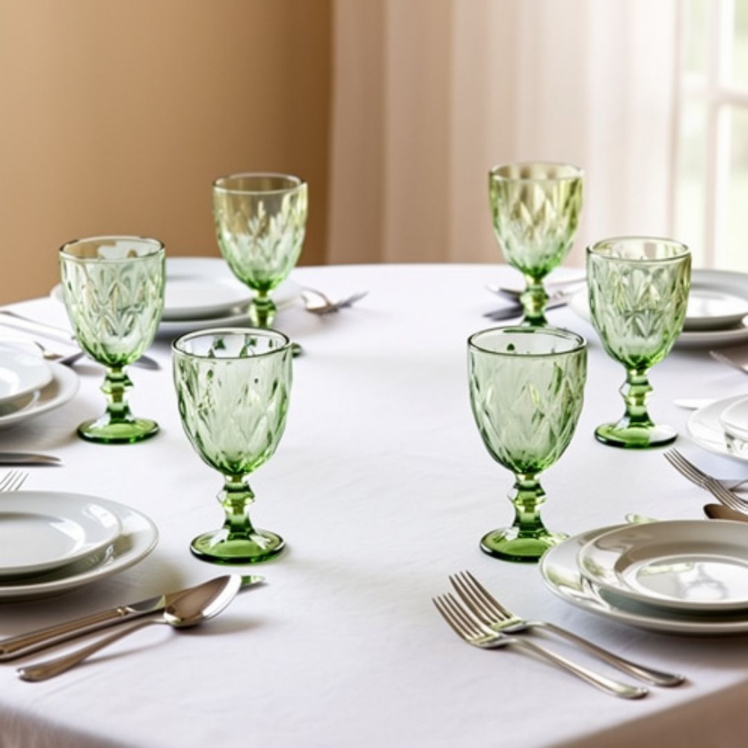 Jogo de Taças Diamond Esmeralda 6 Peças 340ml Mesa Posta Vidro Elegante Vinho Água Suco Bebidas Resistentes Drinks Luxo - Imagem 3