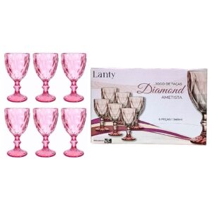 Jogo de Taças Diamond Ametista 6 Peças 340ml Haste Mesa Posta Vidro Elegante Vinho Água Suco Bebidas Resistentes Drinks