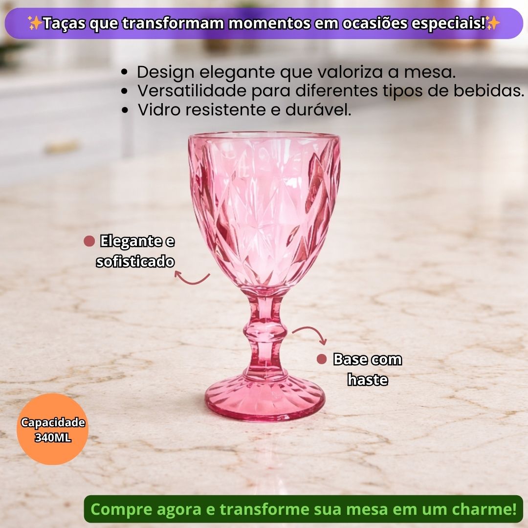 Jogo de Taças Diamond Ametista 6 Peças 340ml Haste Mesa Posta Vidro Elegante Vinho Água Suco Bebidas Resistentes Drinks - Imagem 2