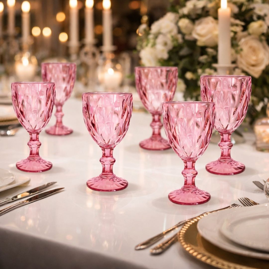 Jogo de Taças Diamond Ametista 6 Peças 340ml Haste Mesa Posta Vidro Elegante Vinho Água Suco Bebidas Resistentes Drinks - Imagem 3