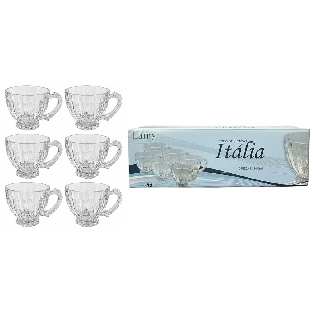 Jogo de Xícaras Itália 6 Peças 200ml Vidro Alça Mesa Posta Café da Manhã Chá Elegante Presente Luxo Cozinha