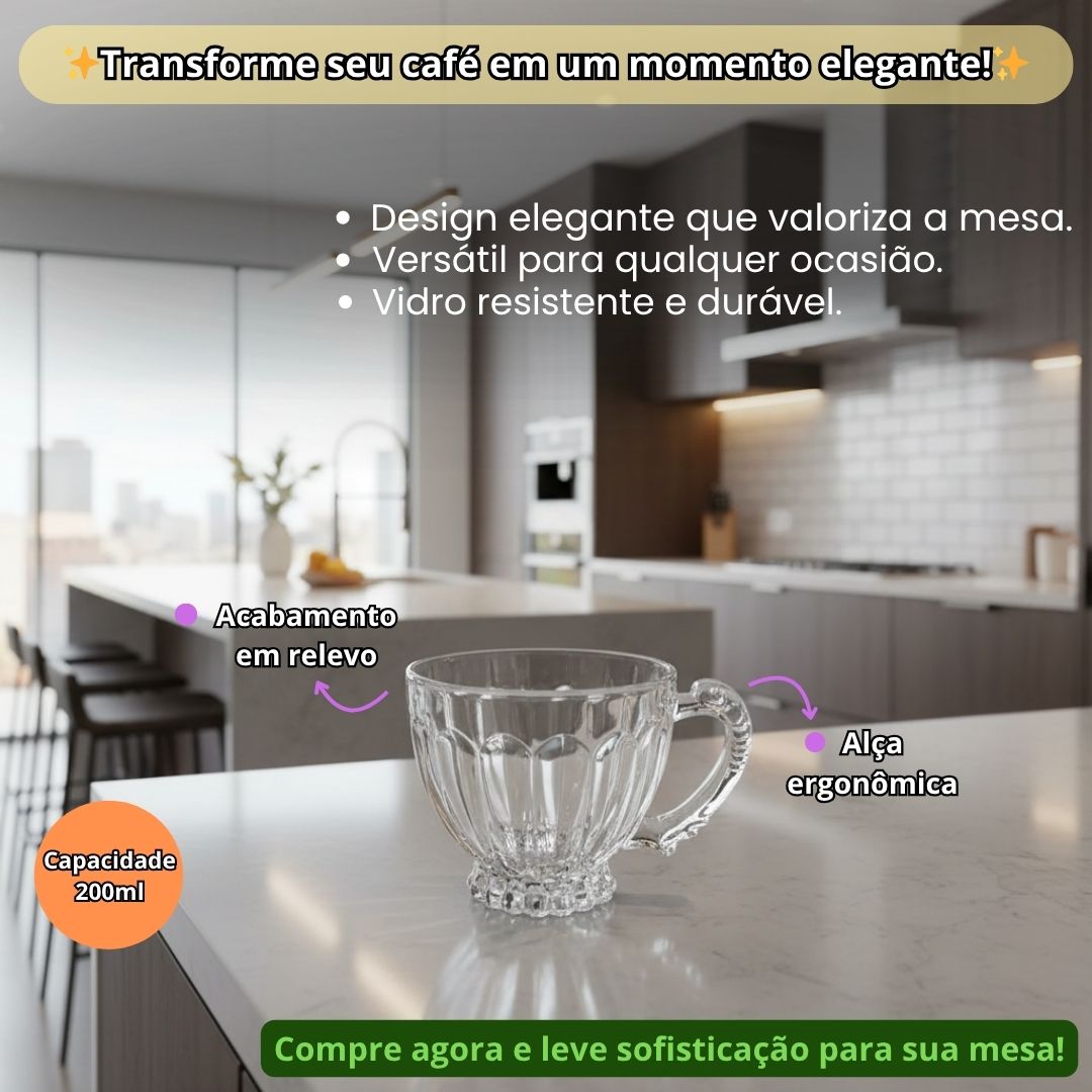 Jogo de Xícaras Itália 6 Peças 200ml Vidro Alça Mesa Posta Café da Manhã Chá Elegante Presente Luxo Cozinha - Imagem 2