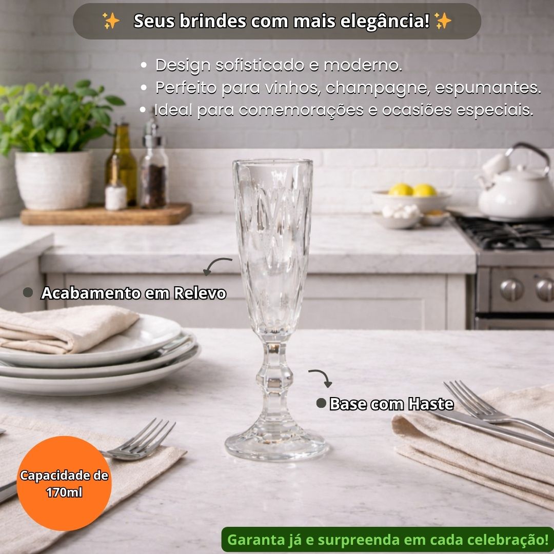 Jogo de Taças Champagne Diamond Clear 6 Peças 170ml Haste Mesa Posta Vidro Elegante Jantar Bebidas Resistente Presente L - Imagem 2