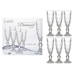 Jogo de Taças Champagne Diamond Clear 6 Peças 170ml Haste Mesa Posta Vidro Elegante Jantar Bebidas Resistente Presente L