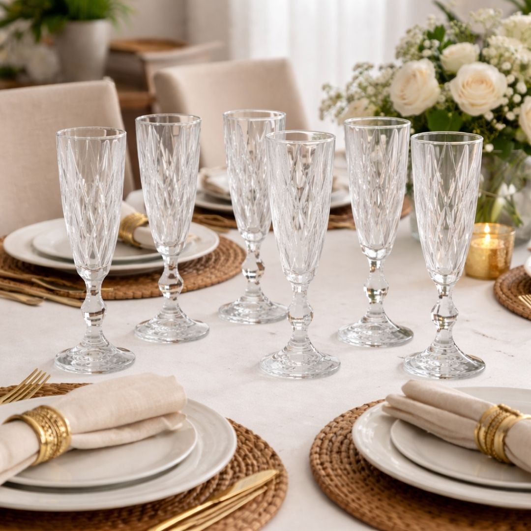 Jogo de Taças Champagne Diamond Clear 6 Peças 170ml Haste Mesa Posta Vidro Elegante Jantar Bebidas Resistente Presente L - Imagem 3