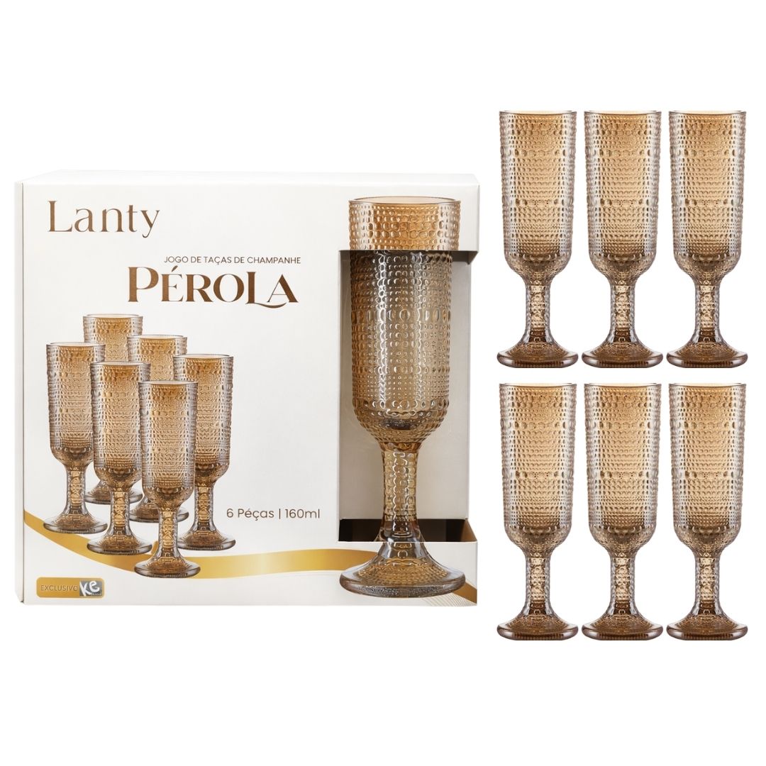 Jogo de Taças Champanhe Pérola Âmbar 6 Peças 160ml Vidro Haste Mesa Posta Elegante Jantar Bebidas Presente Luxo Cozinha